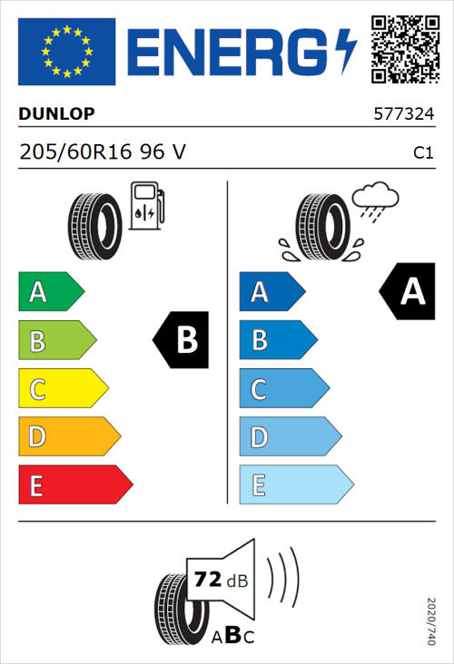 Tyre Label for Dunlop Sport BluResponse 205/60R16 96V