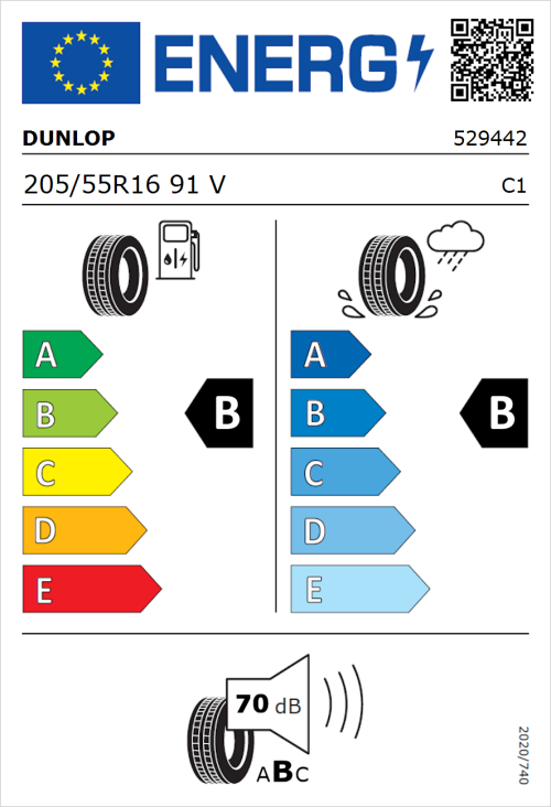 Tyre Label for Dunlop Sport BluResponse 205/55R16 91V