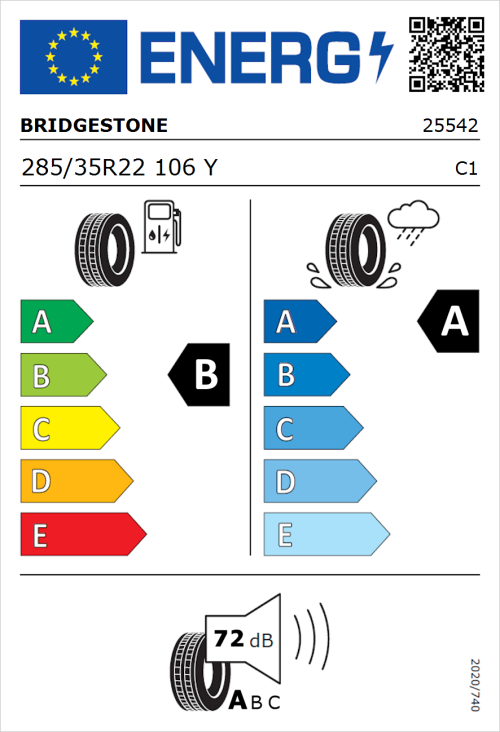 Tyre Label for Bridgestone Turanza T005 285/35R22 106Y