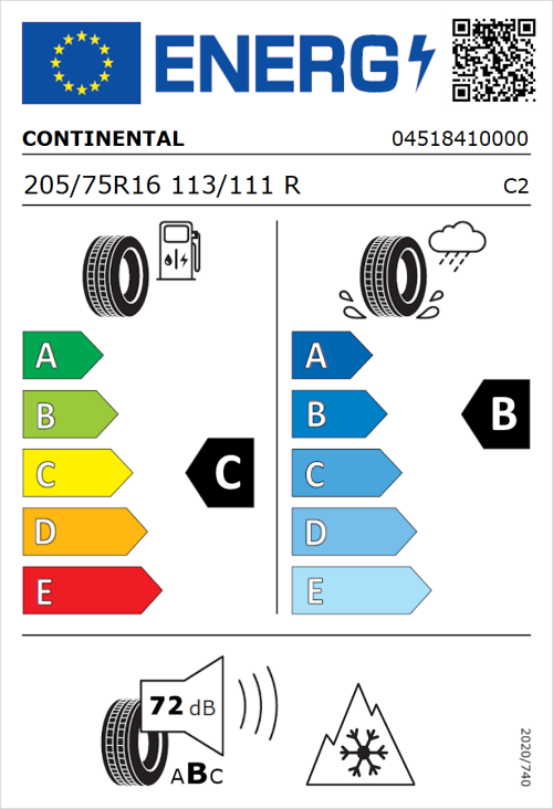 Tyre Label for Continental ContiVanContact 100 205/75R16 113/111R