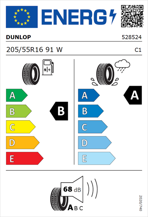 Tyre Label for Dunlop Sport BluResponse 205/55R16 91W