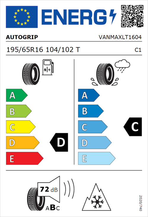 Tyre Label for Autogrip Vanmax 195/65R16 104/102T
