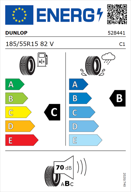 Tyre Label for Dunlop Sport BluResponse 185/55R15 82V